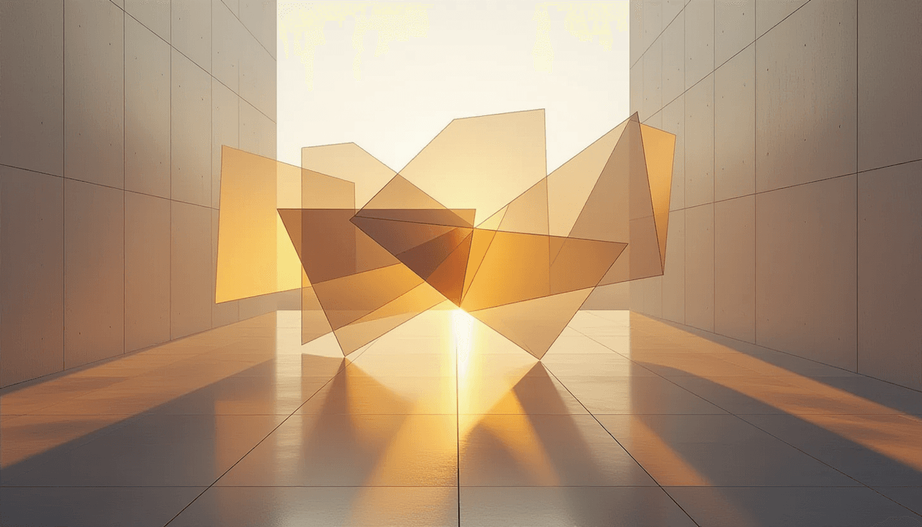Floating translucent geometric planes cascade over a minimalist concrete floor, backlit by warm gold