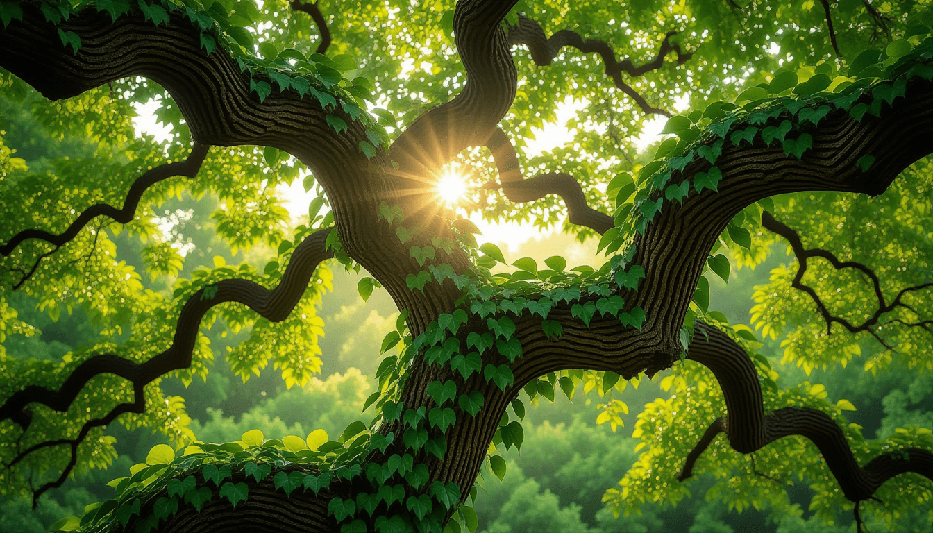 Sunlight filters through a dense canopy of twisting ivy vines, their deep green leaves overlapping i