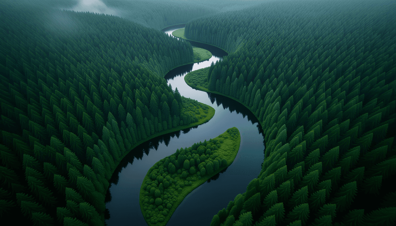 Aerial shot of a winding river carving through a dense, shadowy forest, the dark water creating dist