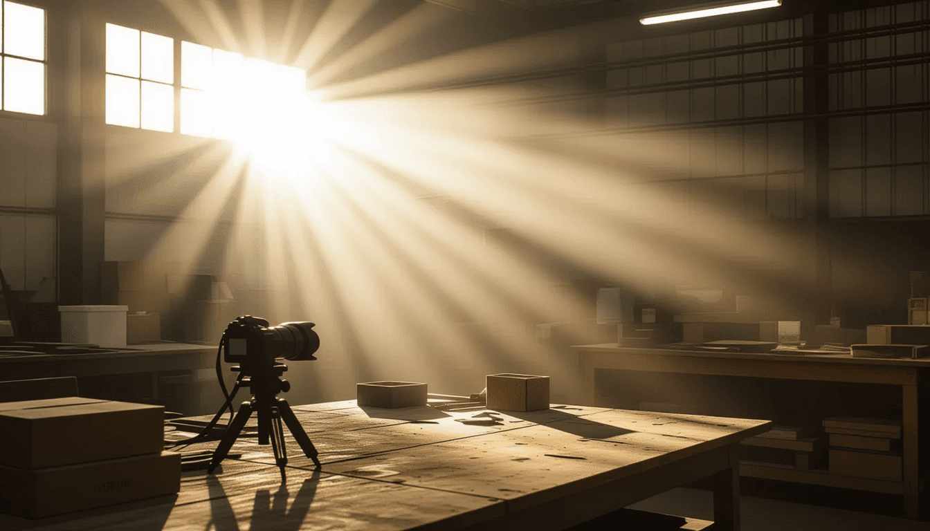 A photographer’s lens captures the harsh glare of midday sun piercing through heavy industrial fog