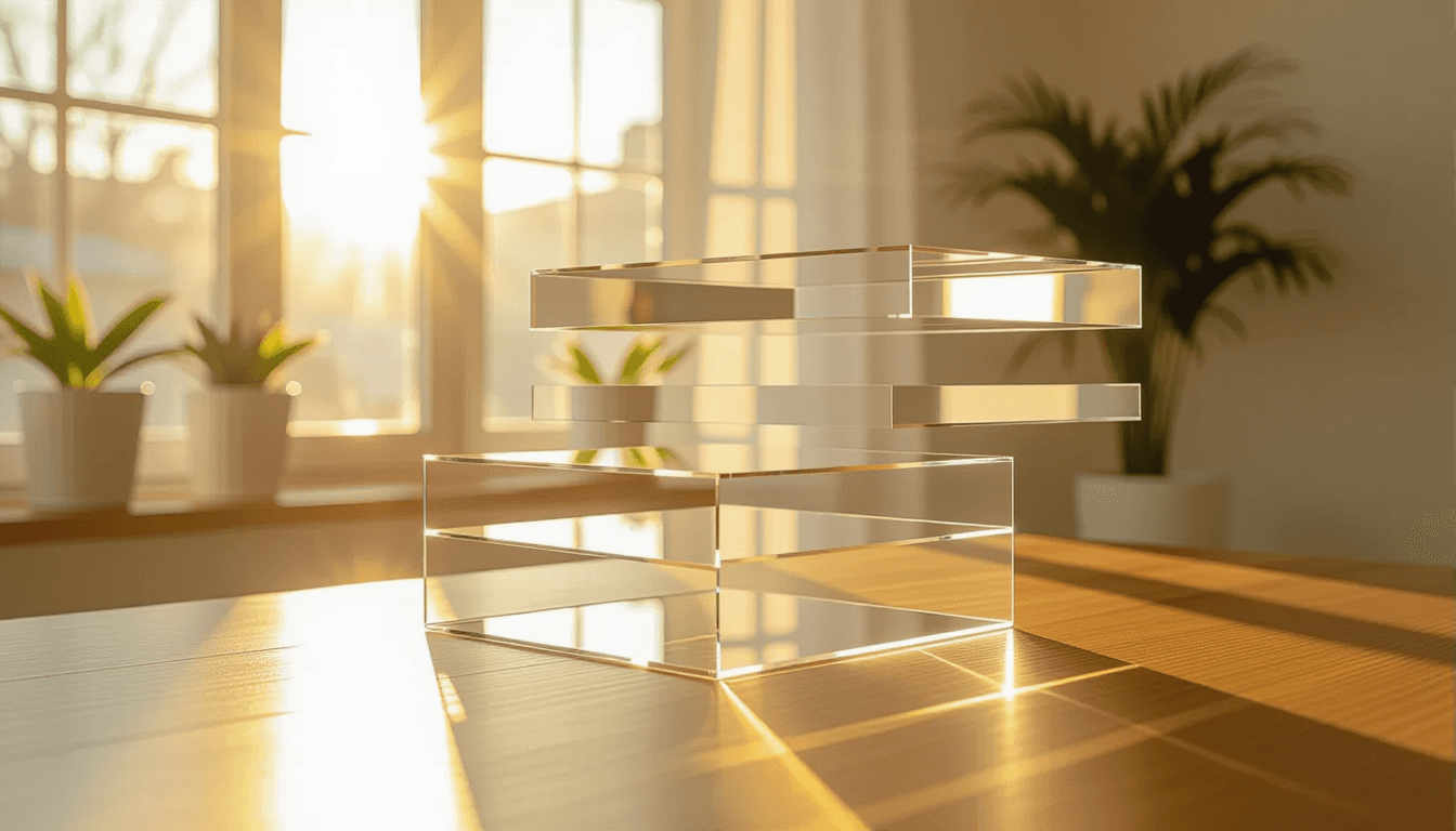 Layered translucent acrylic planes float in a sunlit studio, catching golden hour light to reveal sh