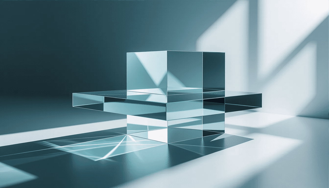 Layered translucent planes float in a dimly lit studio, illuminated by sharp geometric shadows cast