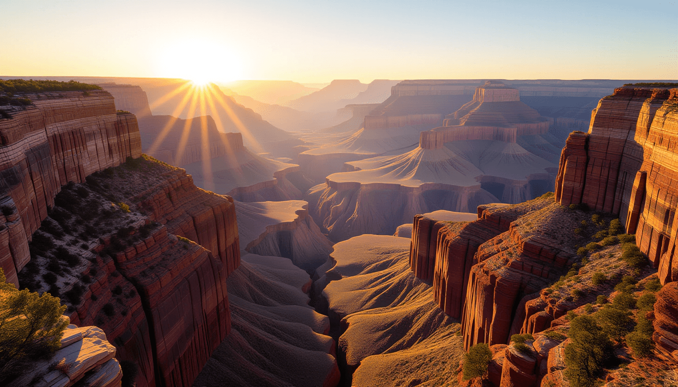 Golden hour light spills across a vast, misty canyon valley, illuminating distinct strata of layered