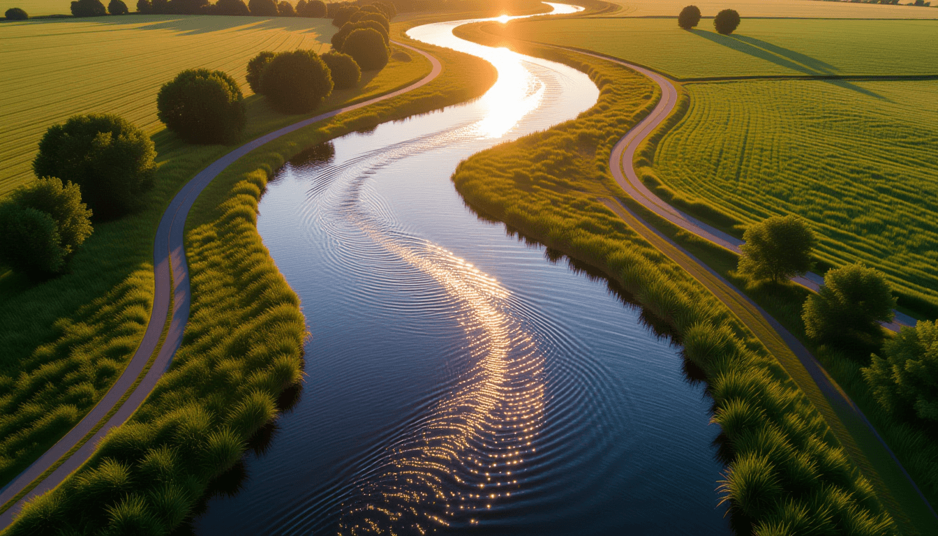Golden hour light glints off the swift, silvery currents of a winding river as seen from a drone, th