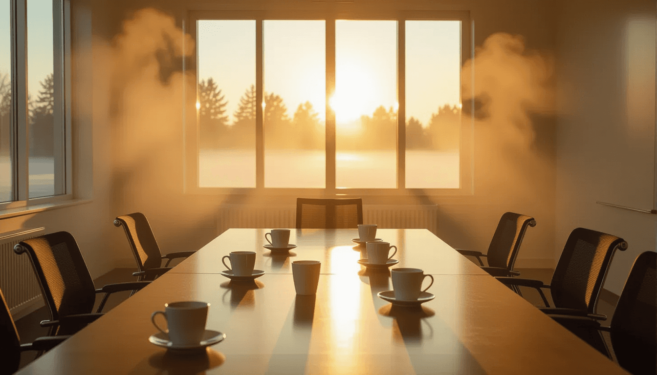 Golden hour light cuts through dense morning fog in an empty conference room, illuminating dust mote