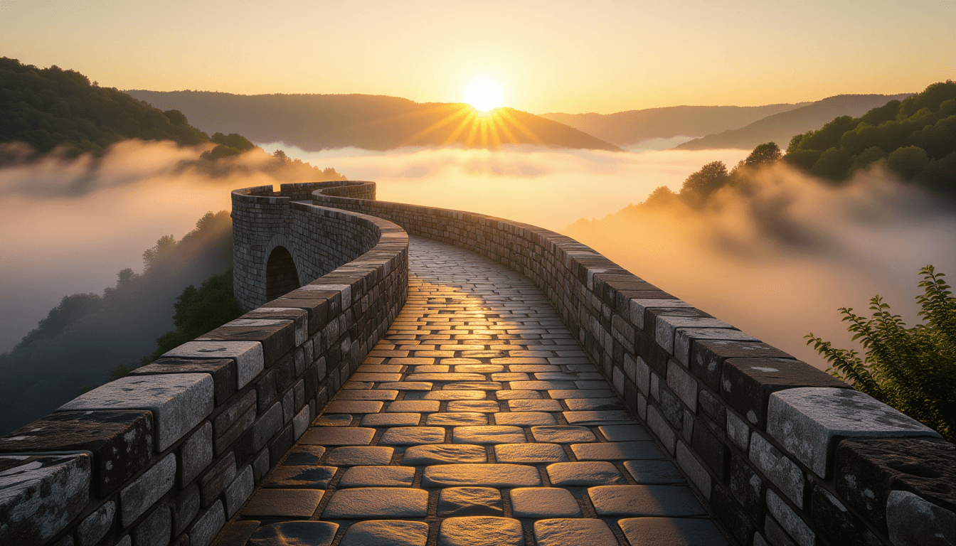 Golden hour light spills across a weathered stone bridge spanning a misty chasm, capturing the intri