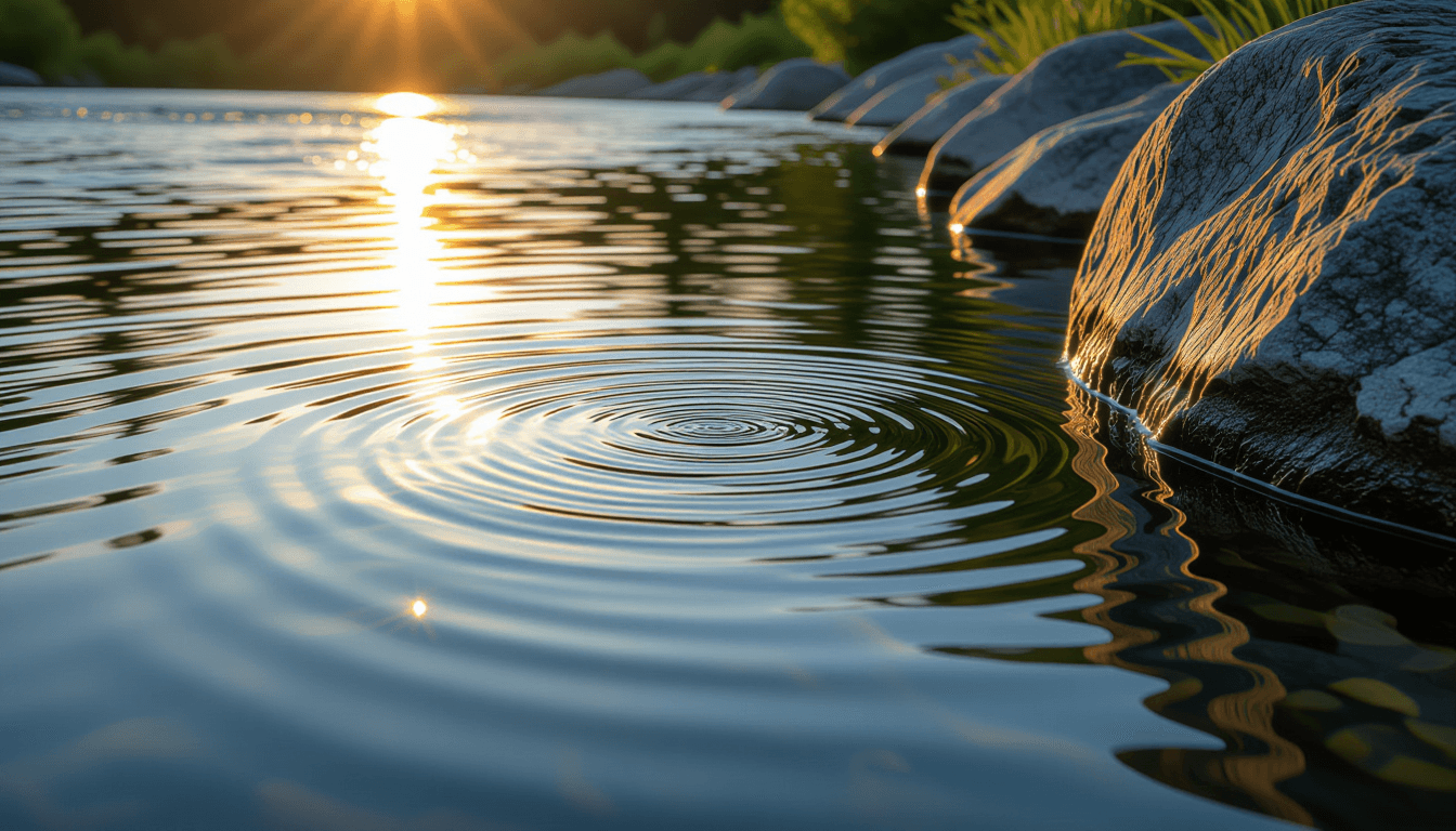 Golden hour light strikes the surface of a slow-moving river, highlighting subtle ripples and eddies