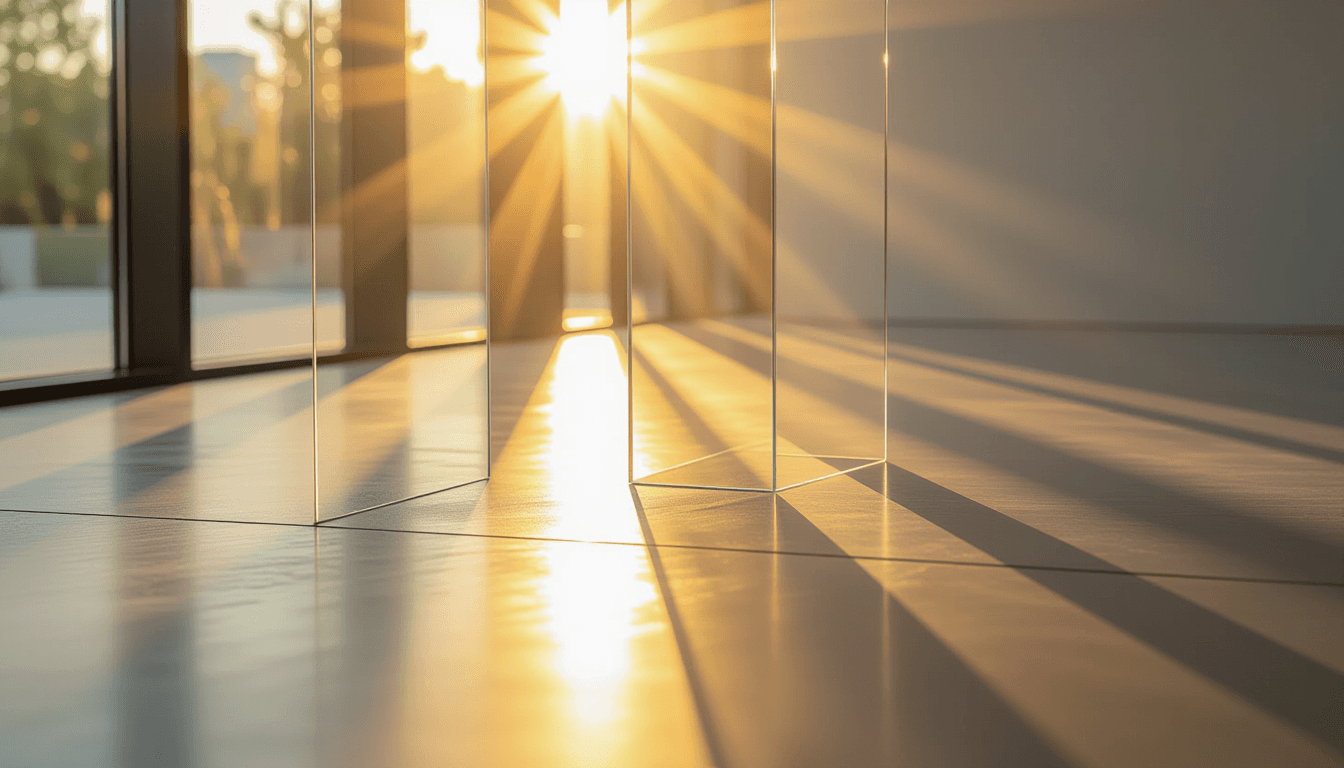 Golden hour light pierces layered translucent acrylic planes, casting sharp tessellated shadows acro