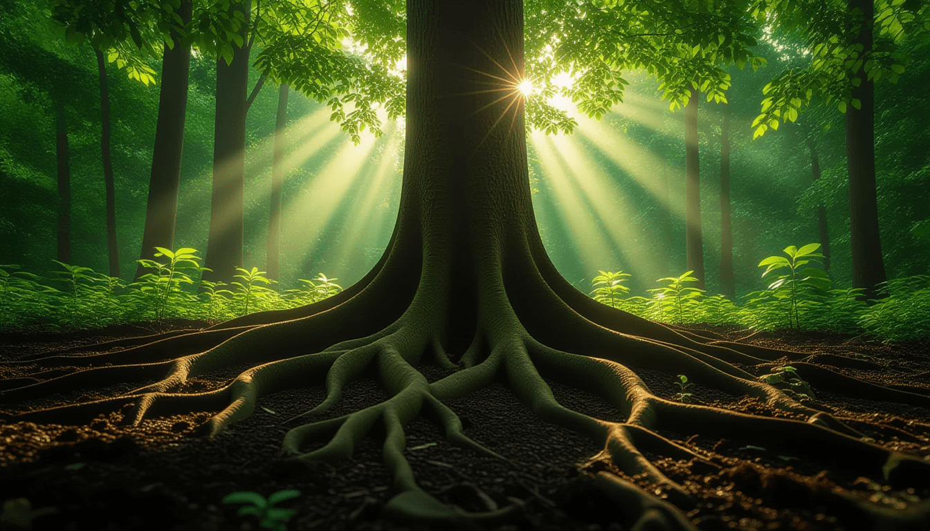Morning light filters through a dense forest canopy, illuminating thick, twisting roots that spread