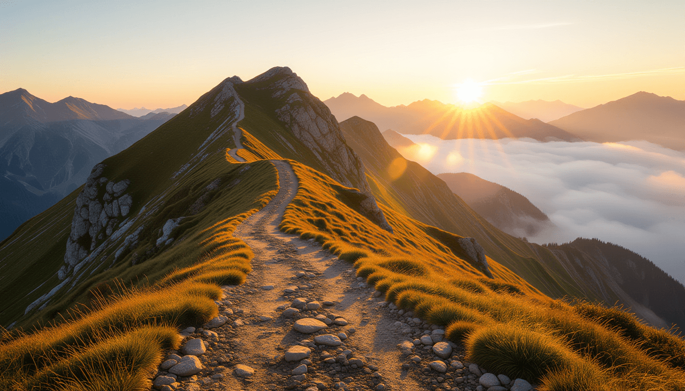 Golden hour light spills over a rugged mountain ridge, illuminating a winding dirt path that descend