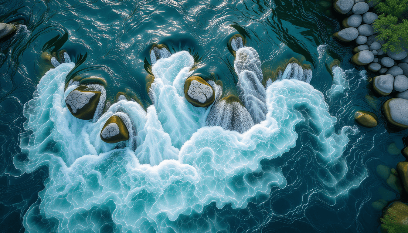 Aerial view of turbulent river currents swirling around smooth river stones, captured with a high-an