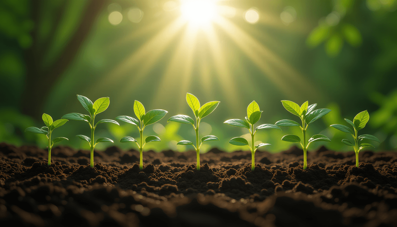 Sunlight filters through a lush canopy of twisting vines onto rich, dark soil where vibrant seedling