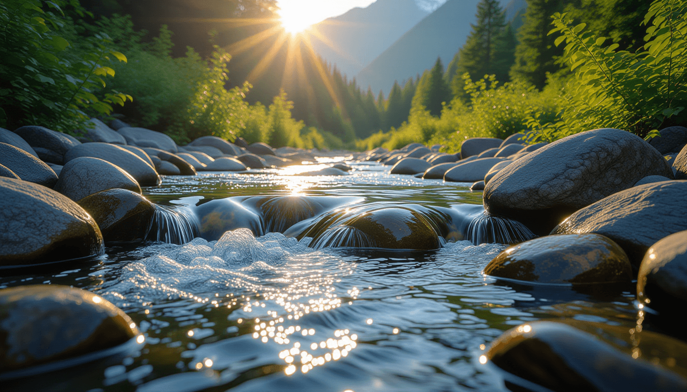 Sunlight catches the rapid currents of a mountain river, where smooth stones guide the water’s path