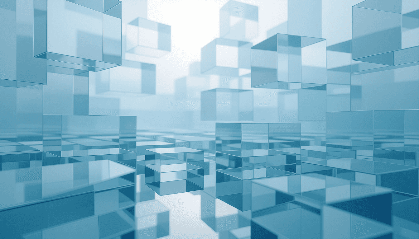 Overcast diffused light catches layered translucent planes of frosted acrylic stacked in a tessellat