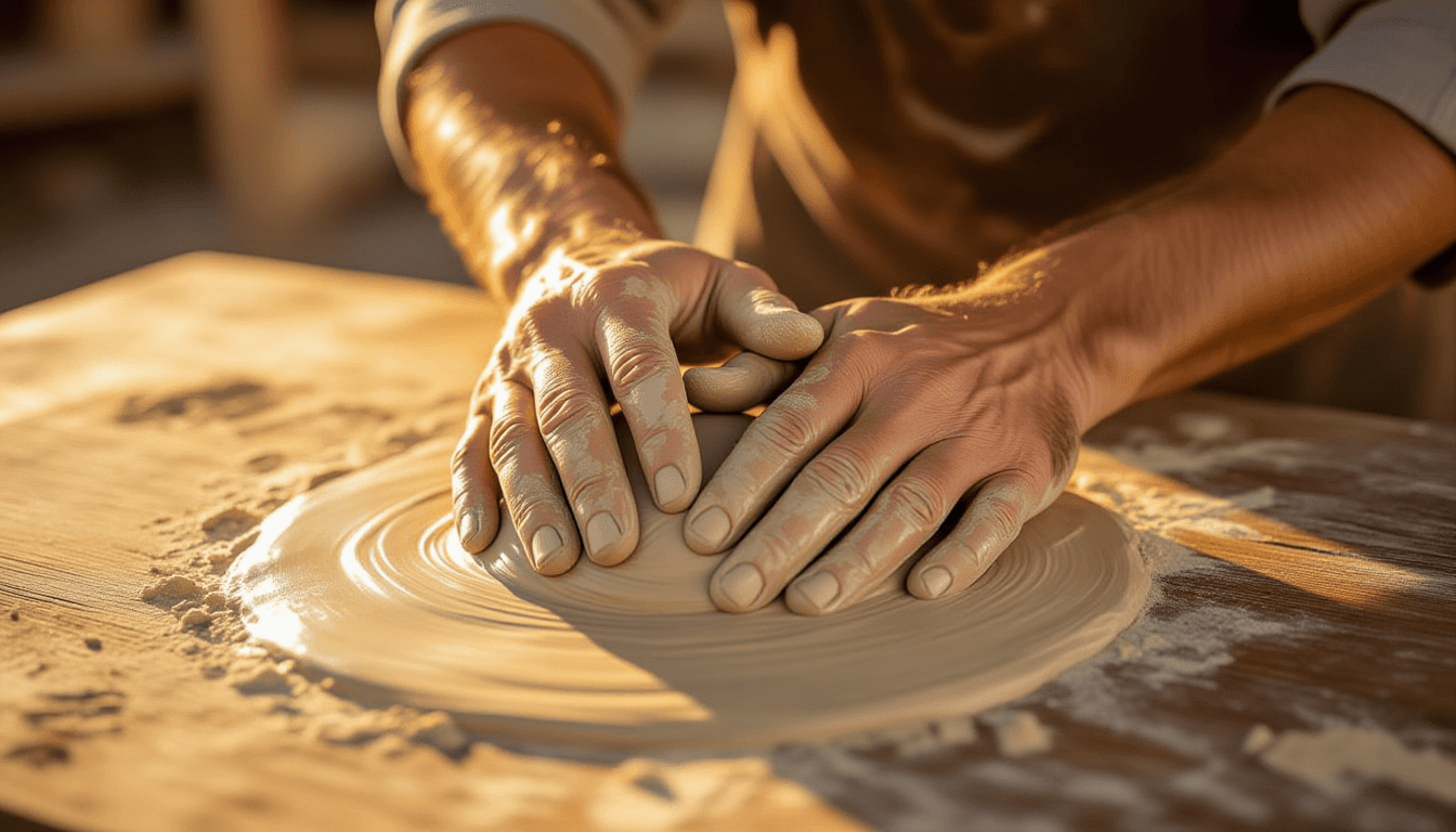 Golden hour light washes over weathered hands kneading smooth, cool clay on a rustic wooden table, s