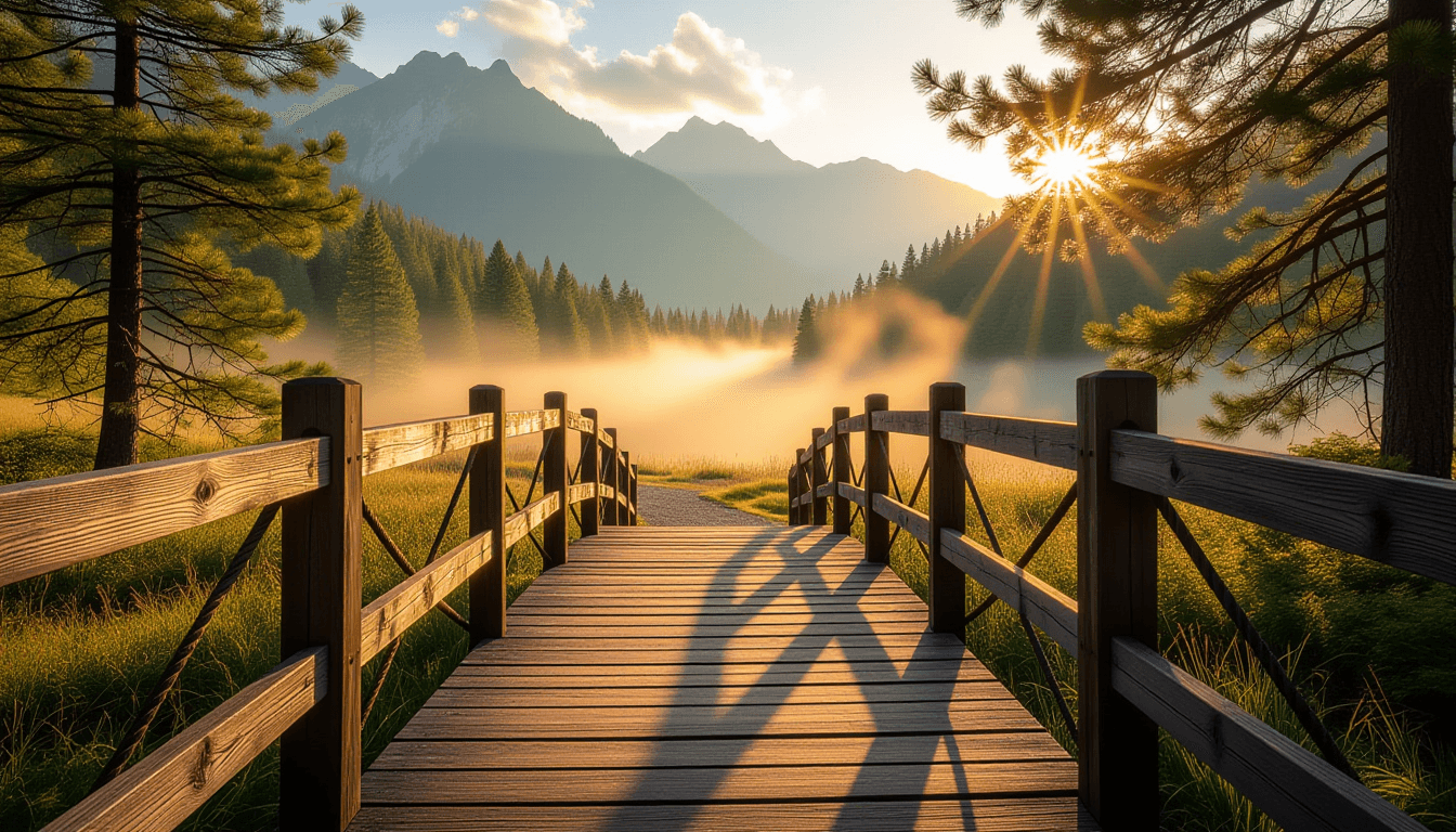 A weathered wooden footbridge spans a misty valley, leading toward distant sunlit peaks. Golden hour