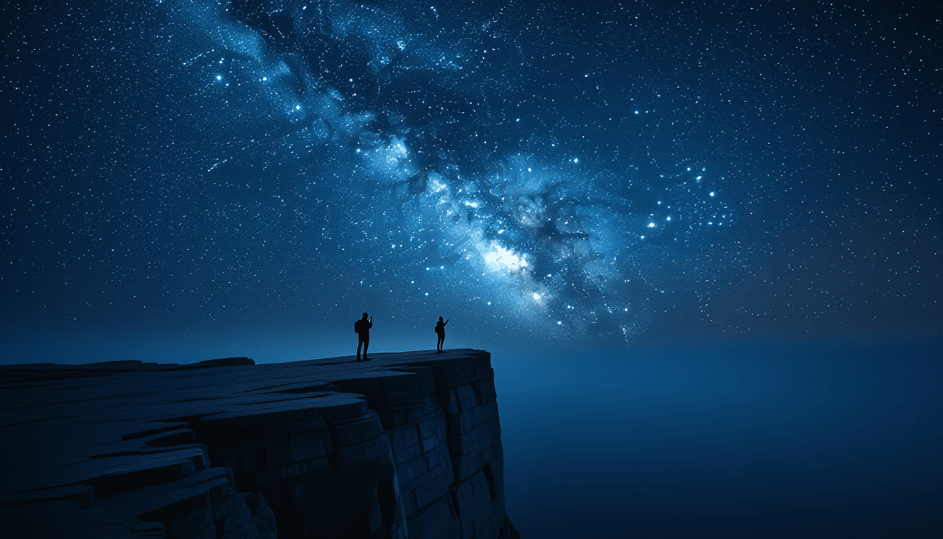 A lone photographer stands on a jagged cliff edge, dwarfed by the Milky Way arching across the inky