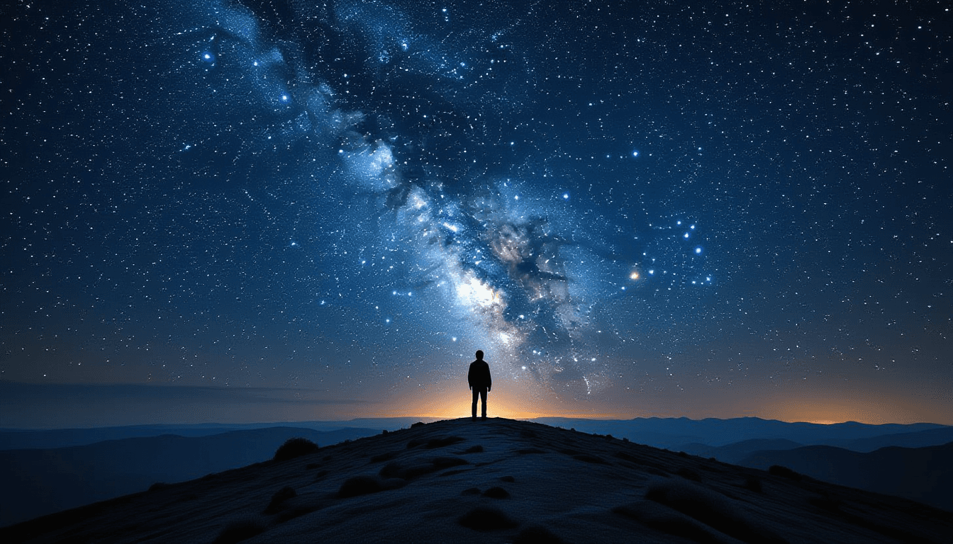 A tiny figure stands on a barren, rocky ridge, silhouetted against a vast, star-strewn night sky. Th