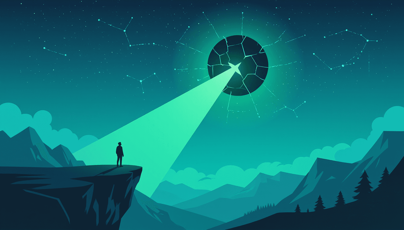 A lone silhouette stands on a precipice, gazing up at a fractured constellation where a dark, hollow