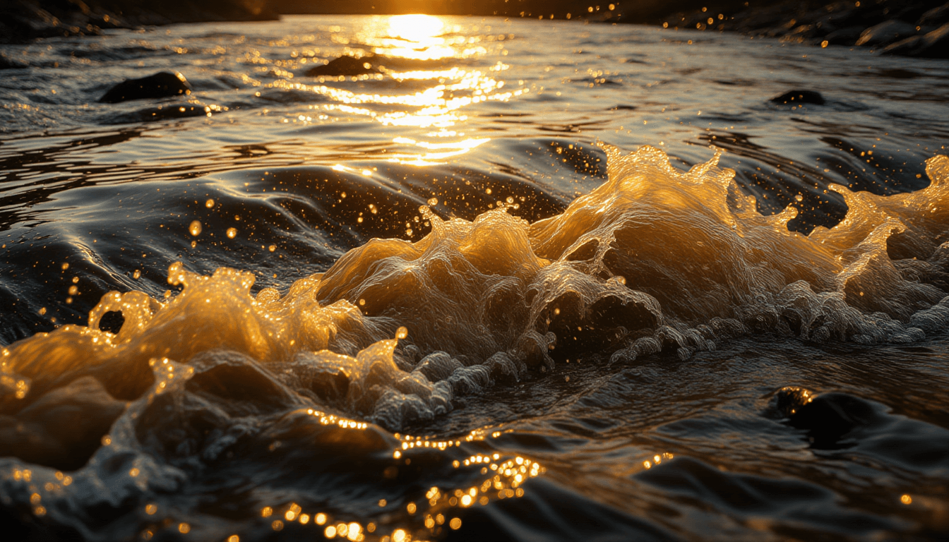 Sunlight catches the churning surface of a muddy river, where turbulent currents collide and swirl