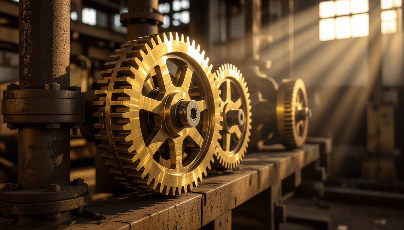 Sunlight glints off interlocking brass gears in a dusty, abandoned factory, capturing the precise te