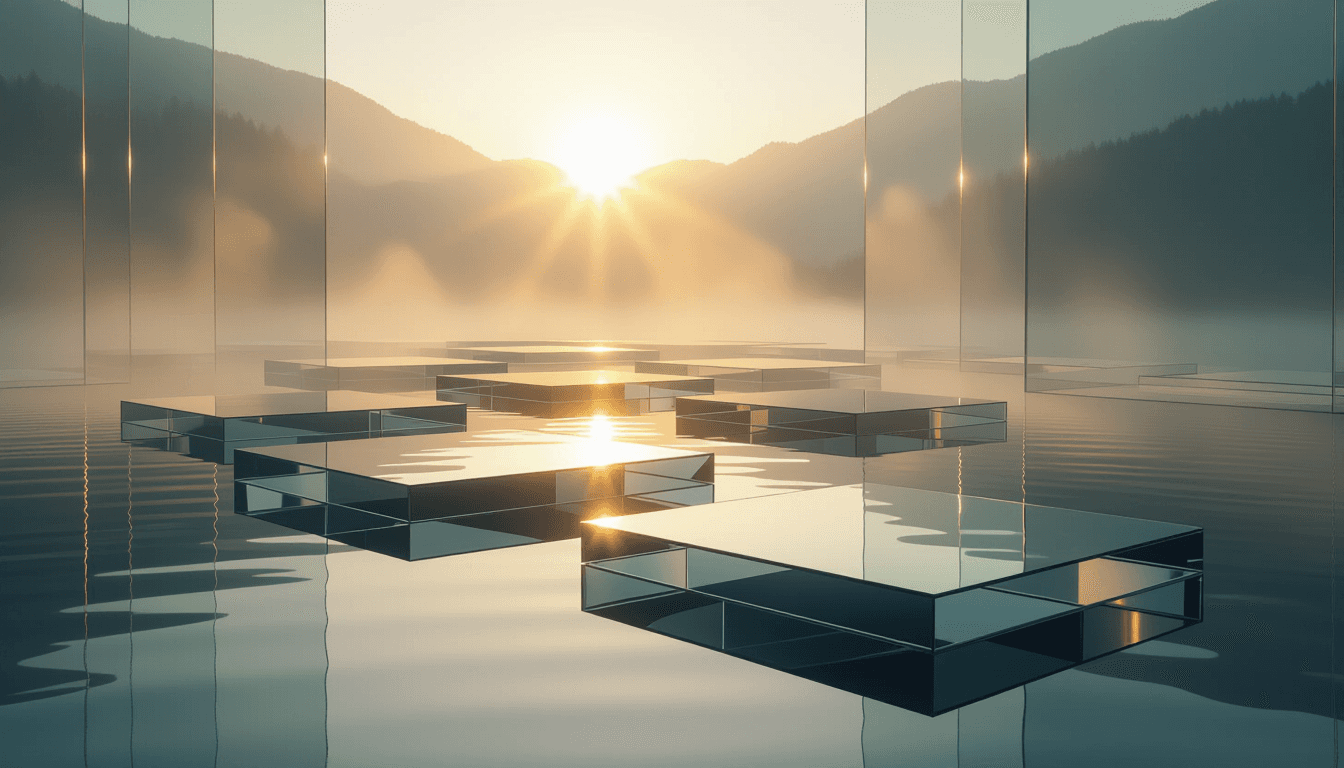 Tessellated glass platforms float in mist, backlit by golden hour sun piercing layered translucent p