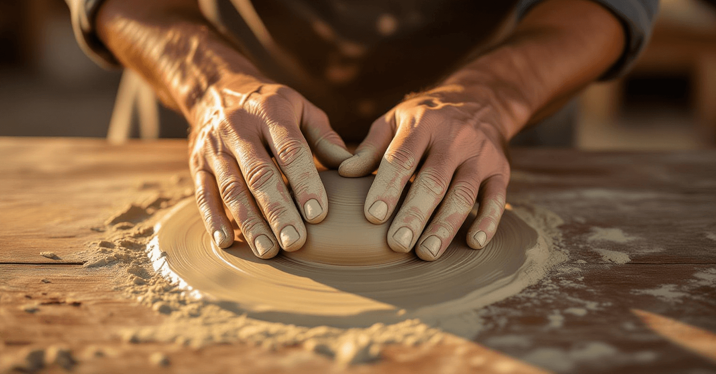Golden hour light glints off calloused fingers kneading smooth, damp clay on a rustic wooden table