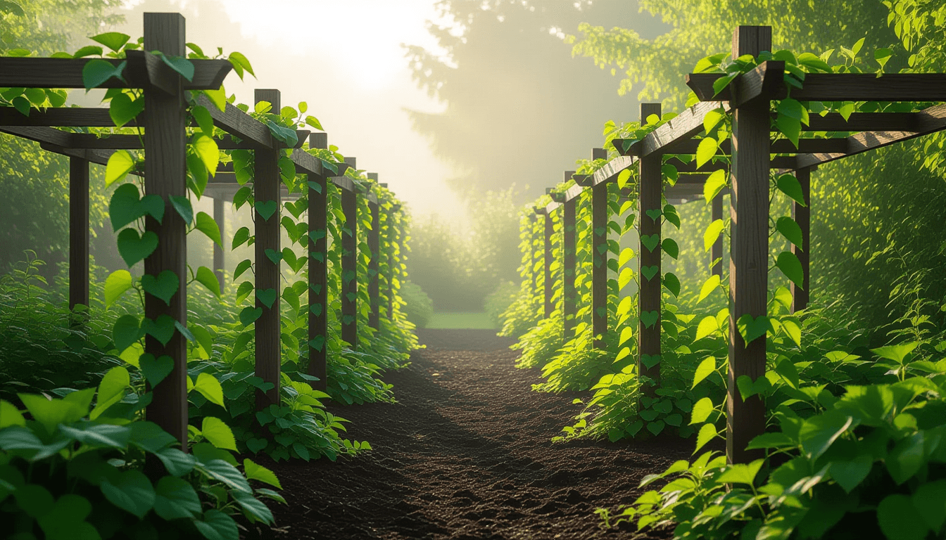 Early morning mist clings to a lush garden where vibrant green vines spiral up sturdy, weathered woo