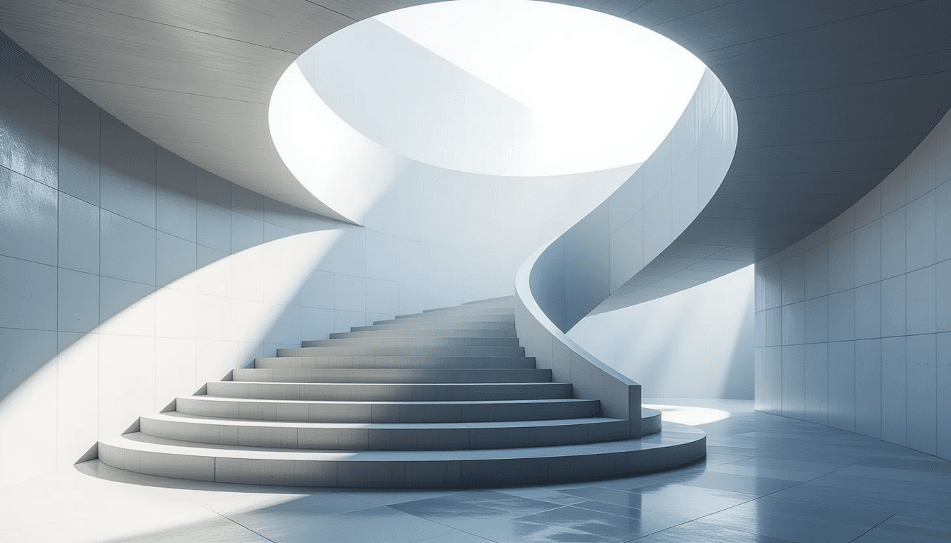 Sunlight slices through the geometric shadows of a concrete spiral staircase, highlighting the stark