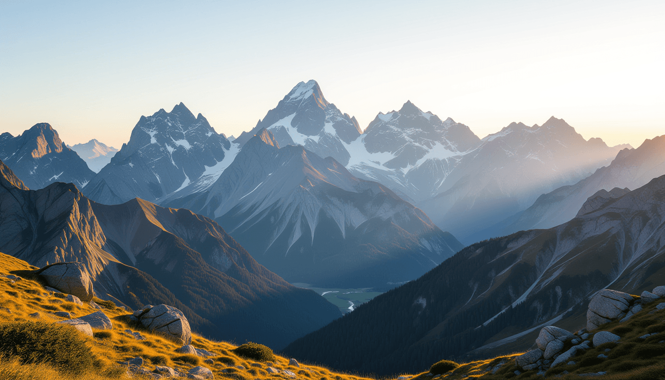Golden hour light spills over jagged mountain peaks, casting long, deep shadows into the valley belo