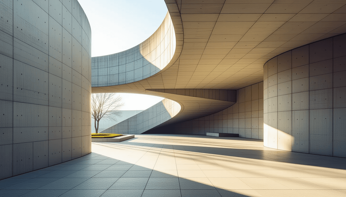 Morning light washes over the geometric curves of a brutalist concrete pavilion, where sharp shadows