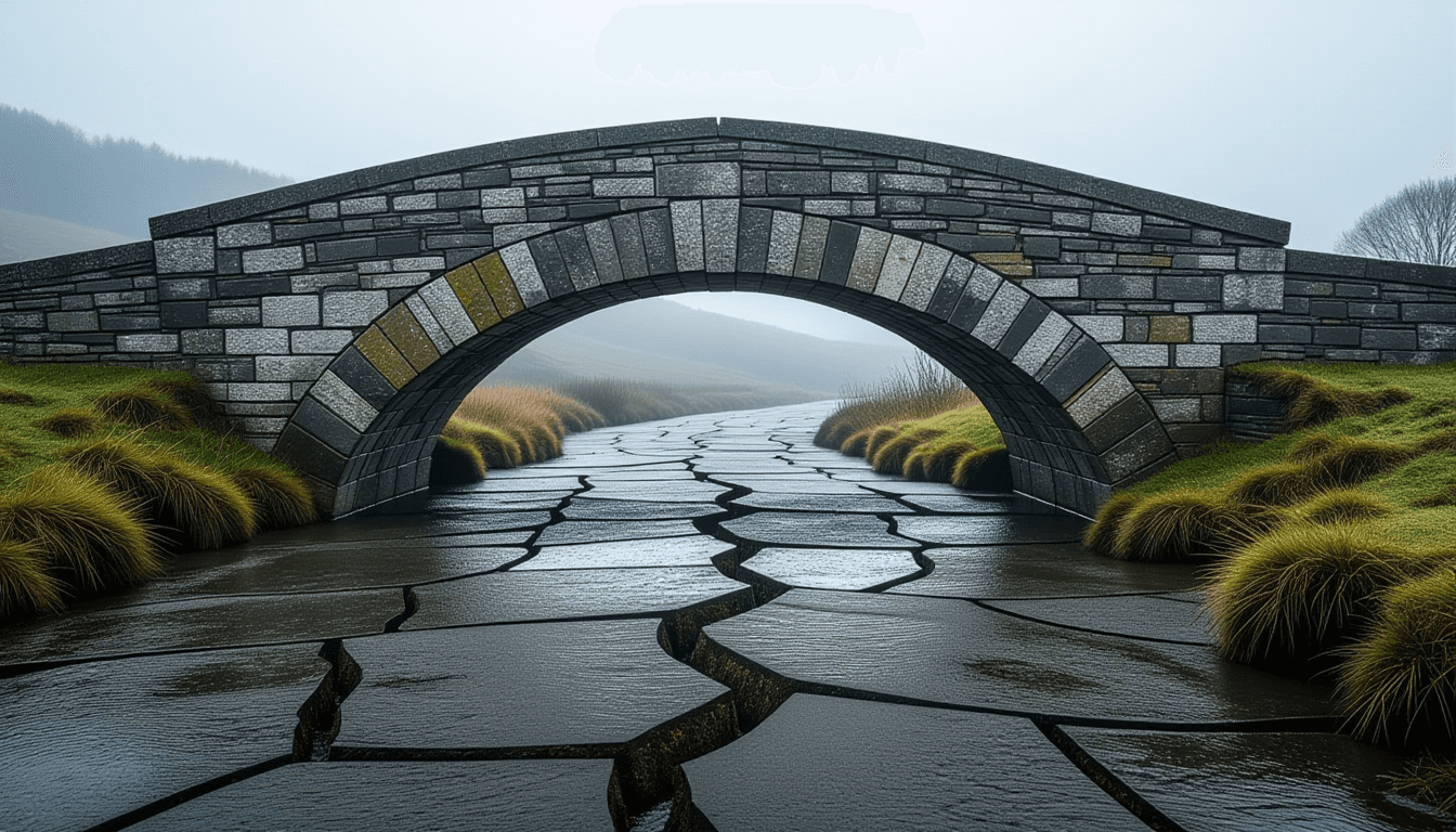 A weathered stone bridge arches precariously over a cracked foundation, captured in stark overcast l