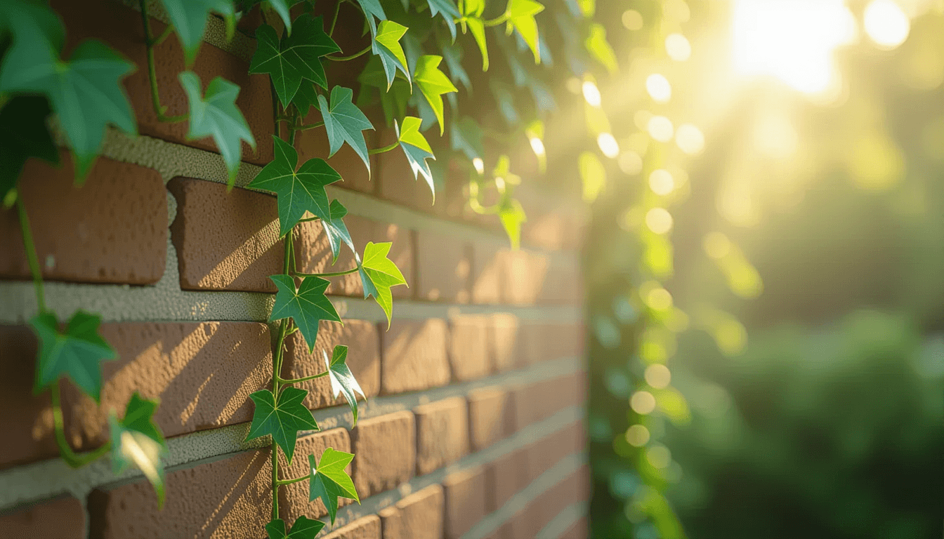 Sunlight filters through a dense canopy of ivy climbing a brick wall, highlighting fresh green shoot