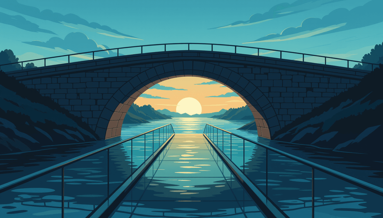 A weathered stone bridge arches over a dark, churning river, while a sleek glass walkway glides para