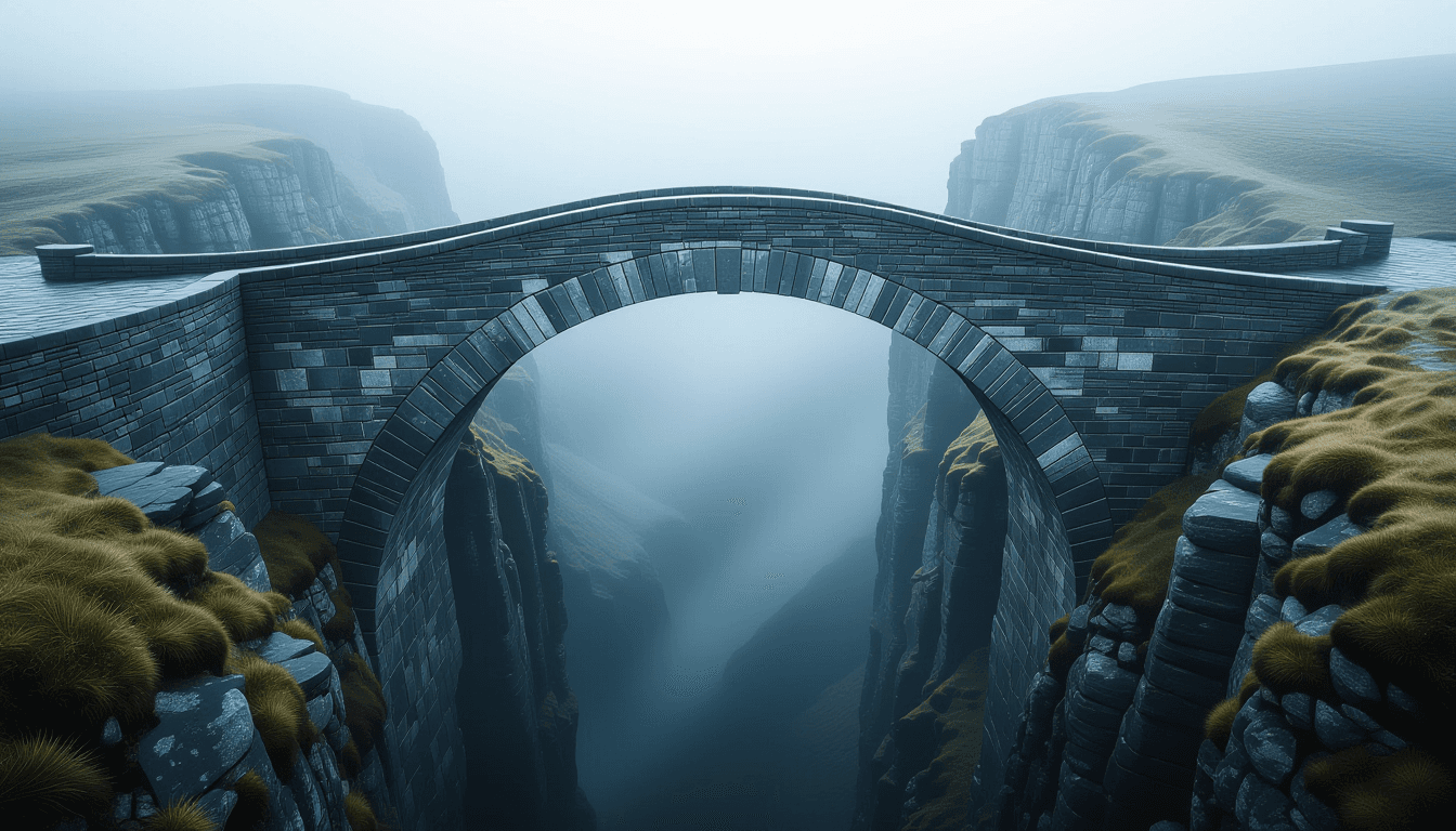 A misty stone bridge arches precariously over a deep, shadowed chasm, captured in soft overcast ligh