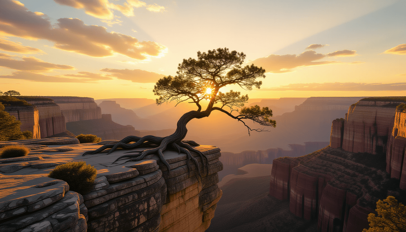 A lone, ancient oak stands precariously on a jagged cliff edge, its roots exposed by erosion, silhou