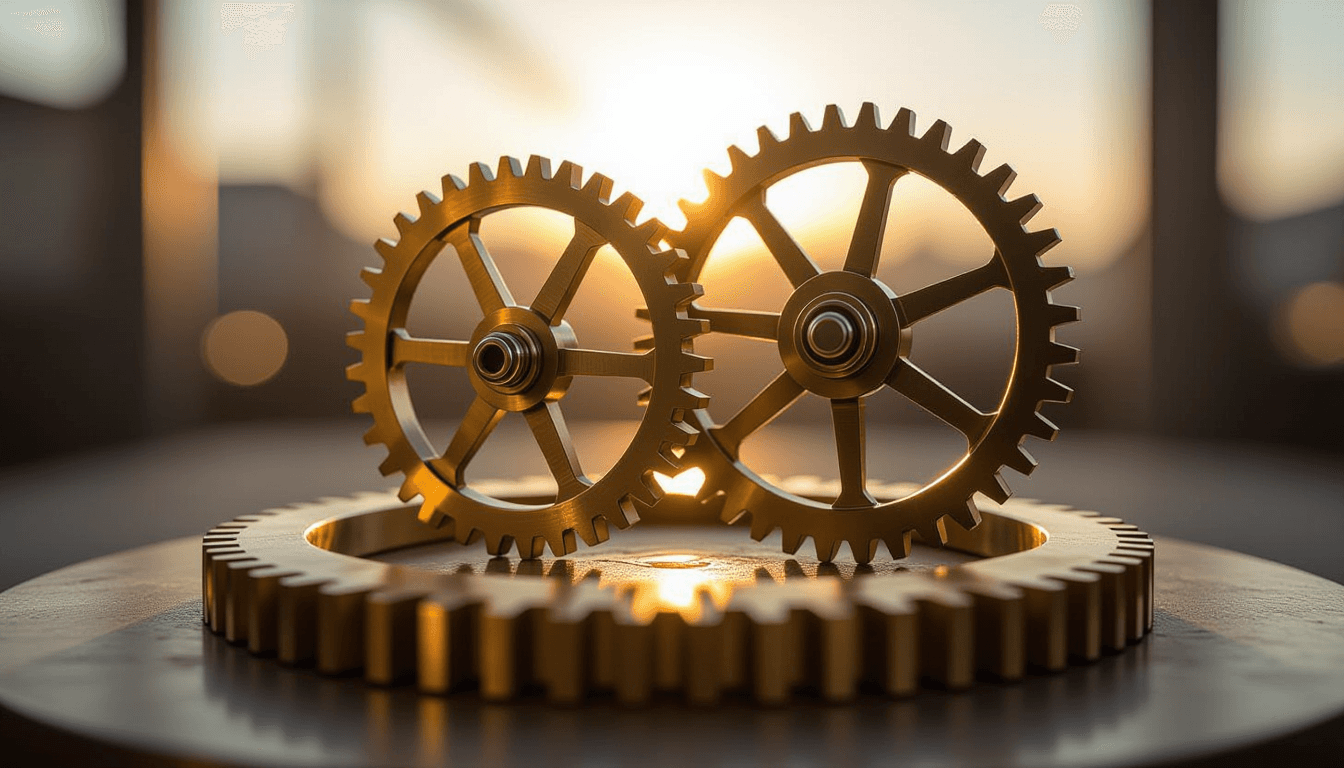 Sunlight glints off interlocking brass gears in a kinetic sculpture, capturing the precise mechanica
