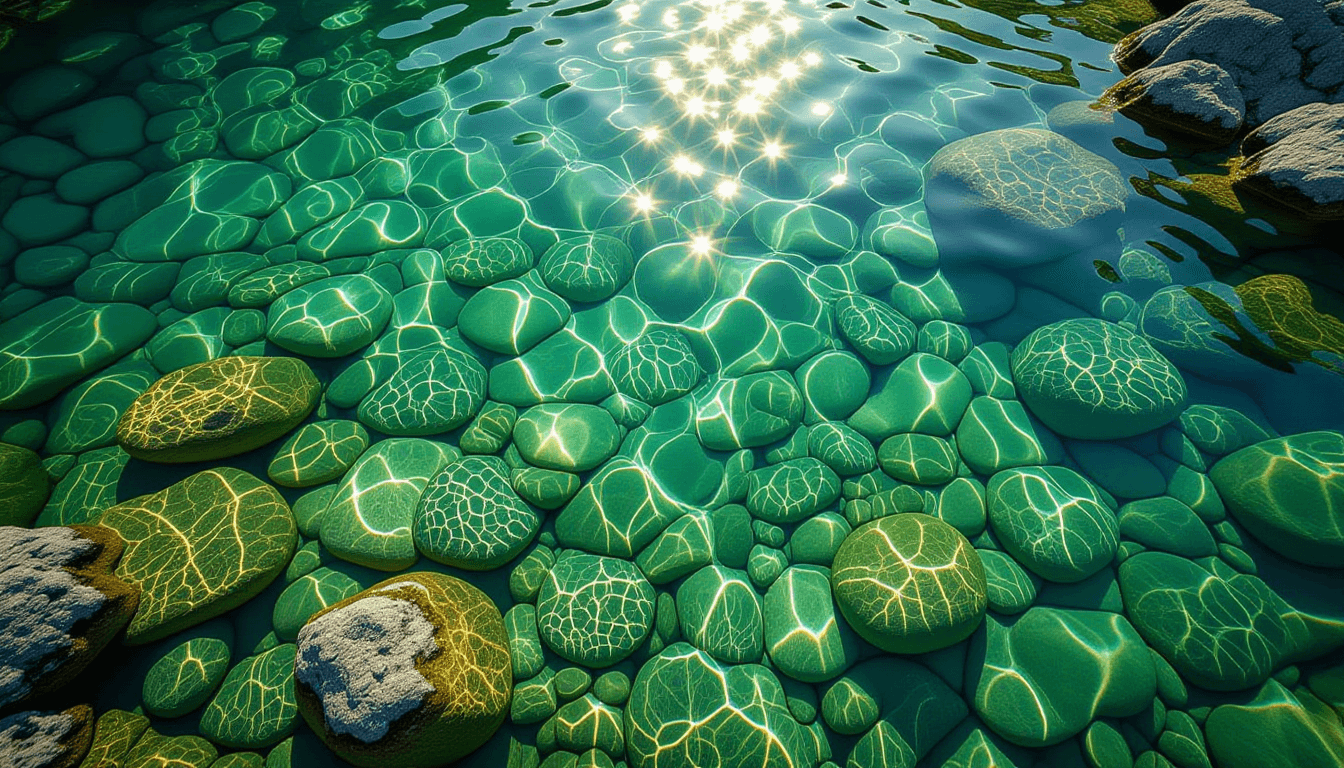 Aerial drone shot looking straight down at a crystal-clear shallow river, where sunlight filters thr