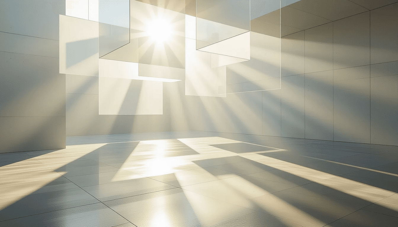 Sunlight filters through layered translucent acrylic planes suspended above a concrete floor, castin