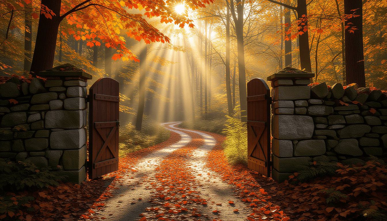 Sunlight filters through autumn leaves onto a winding forest path, leading toward an open wooden doo