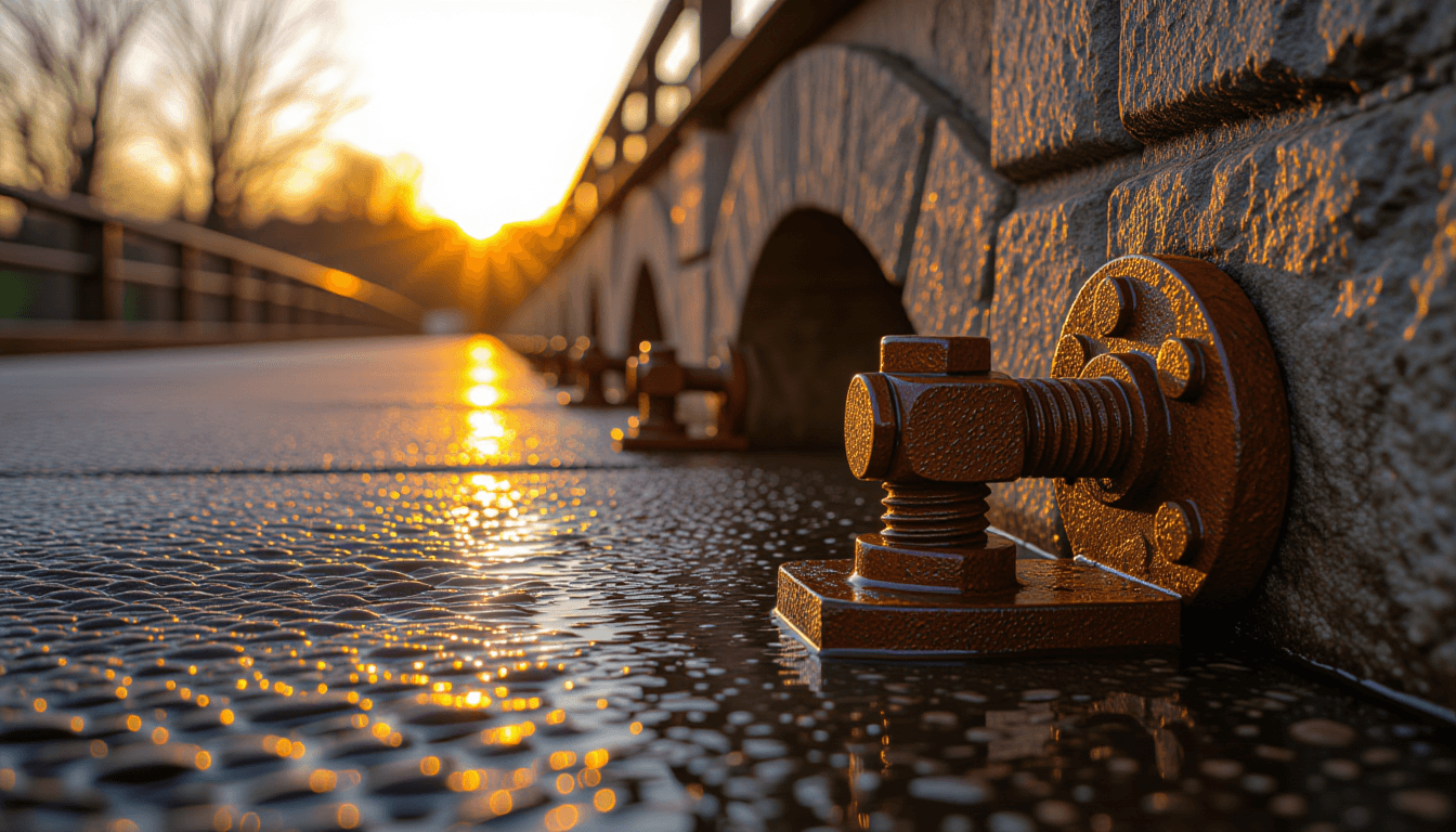 Golden hour light glints off wet, rusted bolts on a weathered steel bridge joint, shallow depth of f