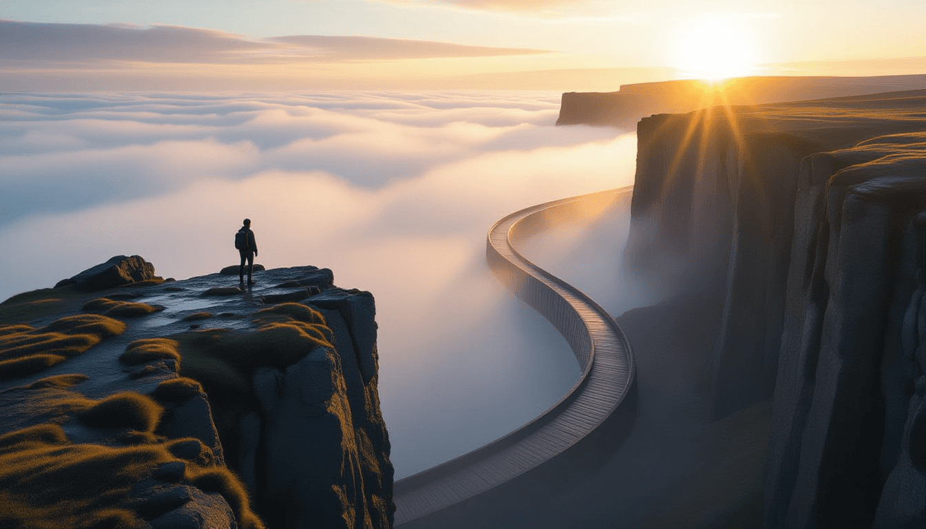 A lone figure stands on a basalt cliff edge, dwarfed by a towering, ancient stone pipeline snaking a