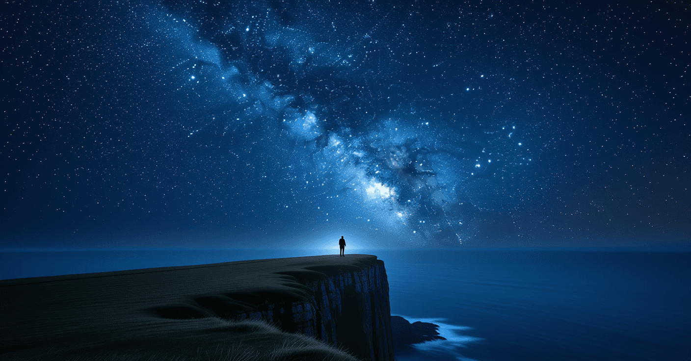 A lone silhouette stands on a windswept cliff edge, dwarfed by the infinite depth of the Milky Way a