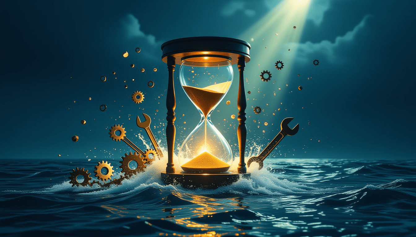 A glowing hourglass fractures in mid-air, spilling cascading gears and wrenches that form a chaotic