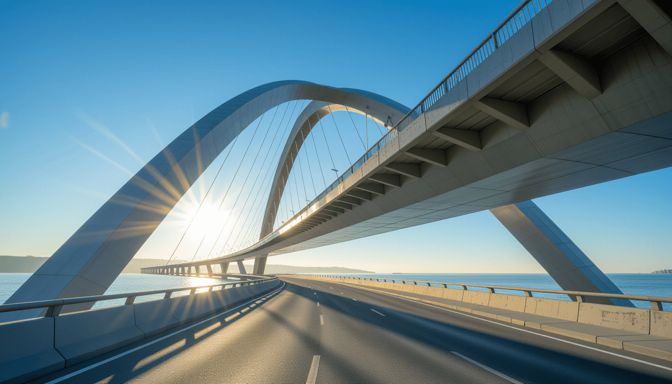 Sunrise light washes over the sweeping concrete curves of a modern suspension bridge, emphasizing th