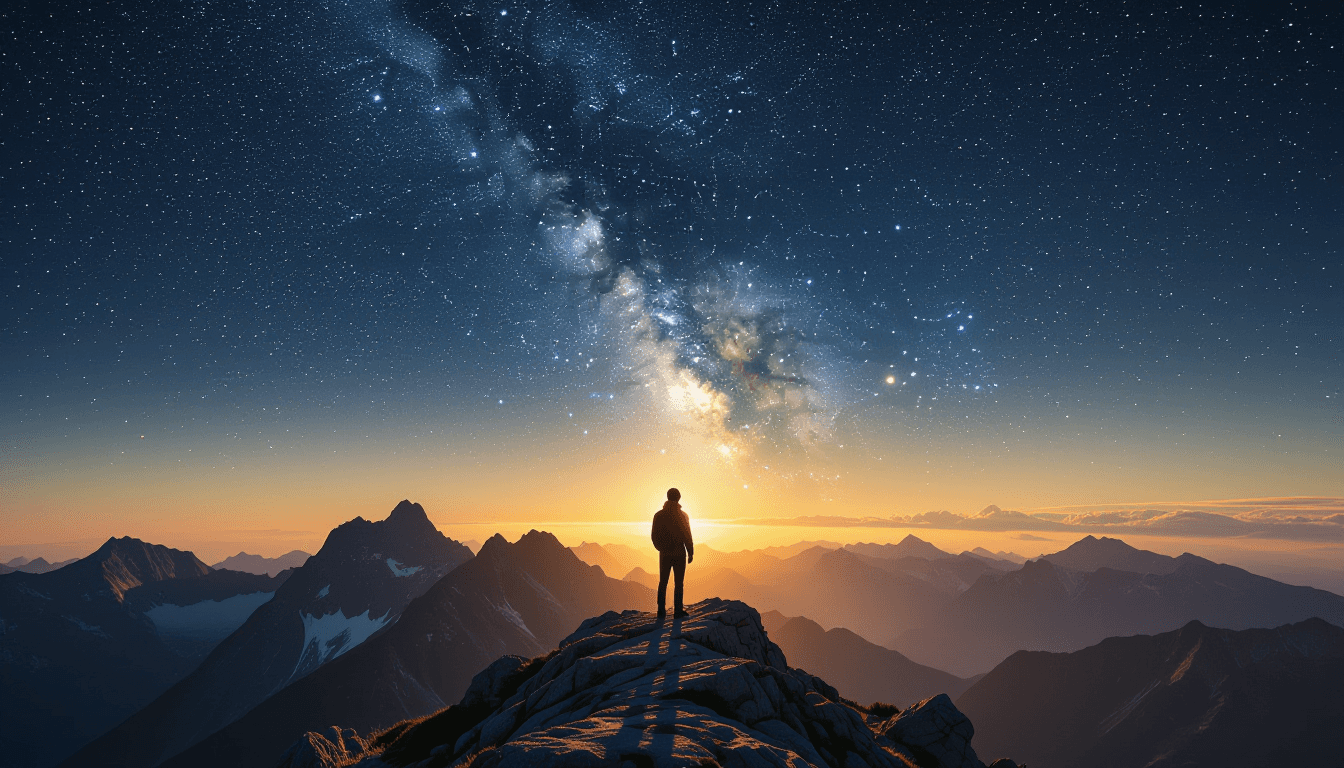 A solitary figure stands on a jagged alpine ridge, dwarfed by the Milky Way’s sprawling arc above. G