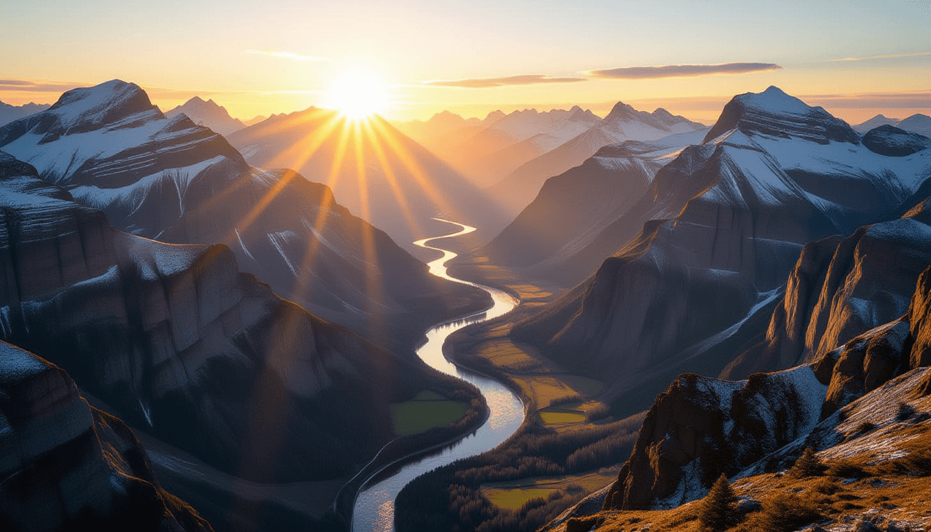 Golden hour light spills over jagged mountain ridges, illuminating a deep valley where winding river