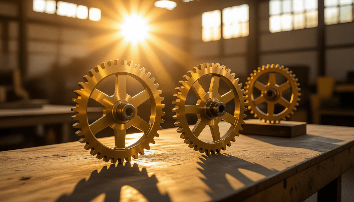 Interlocking brass gears mesh in a sun-drenched industrial workshop, dust motes dancing in the golde