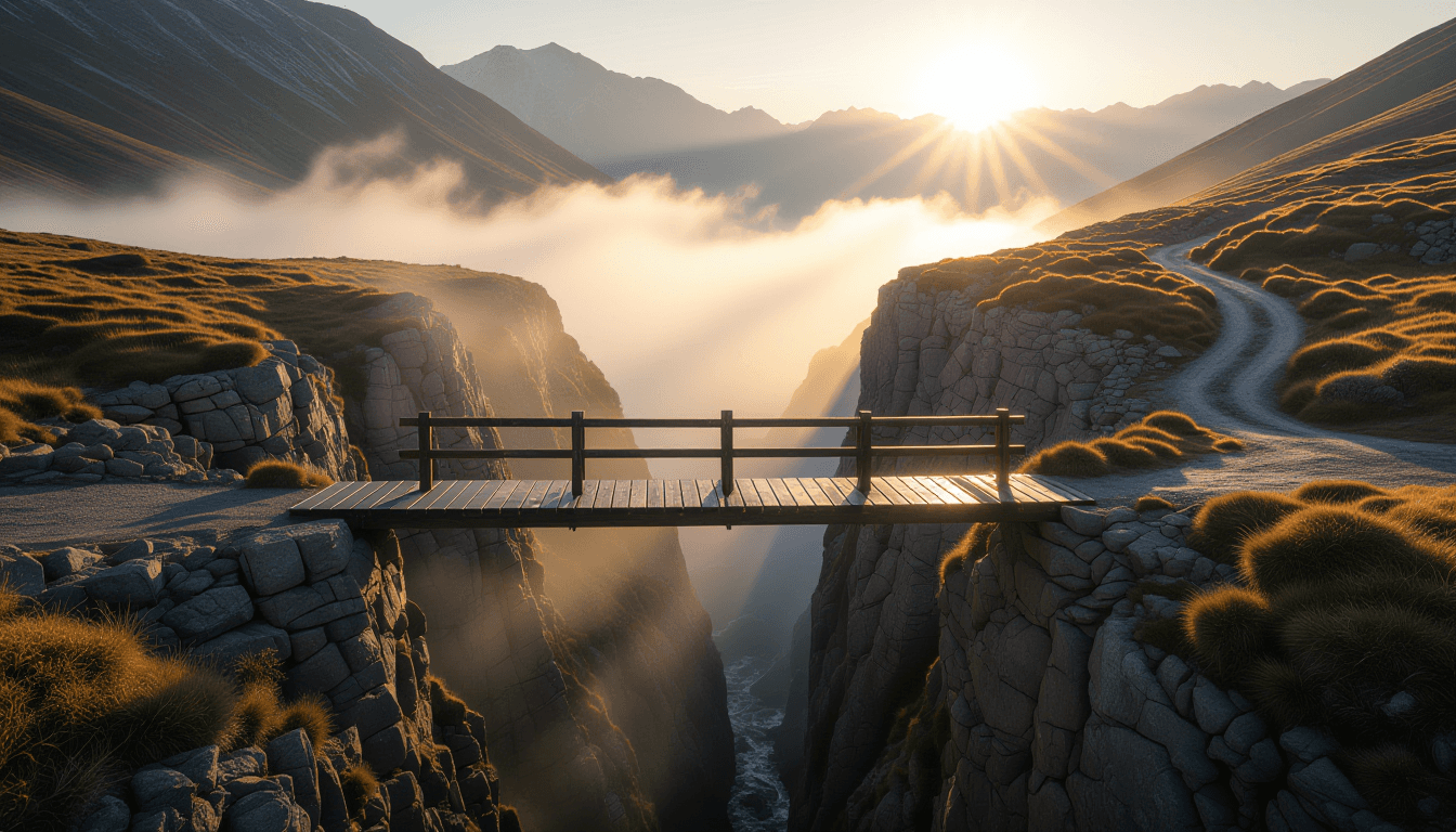 Golden hour light filters through mist on a rugged mountain pass, where a weathered wooden bridge sp