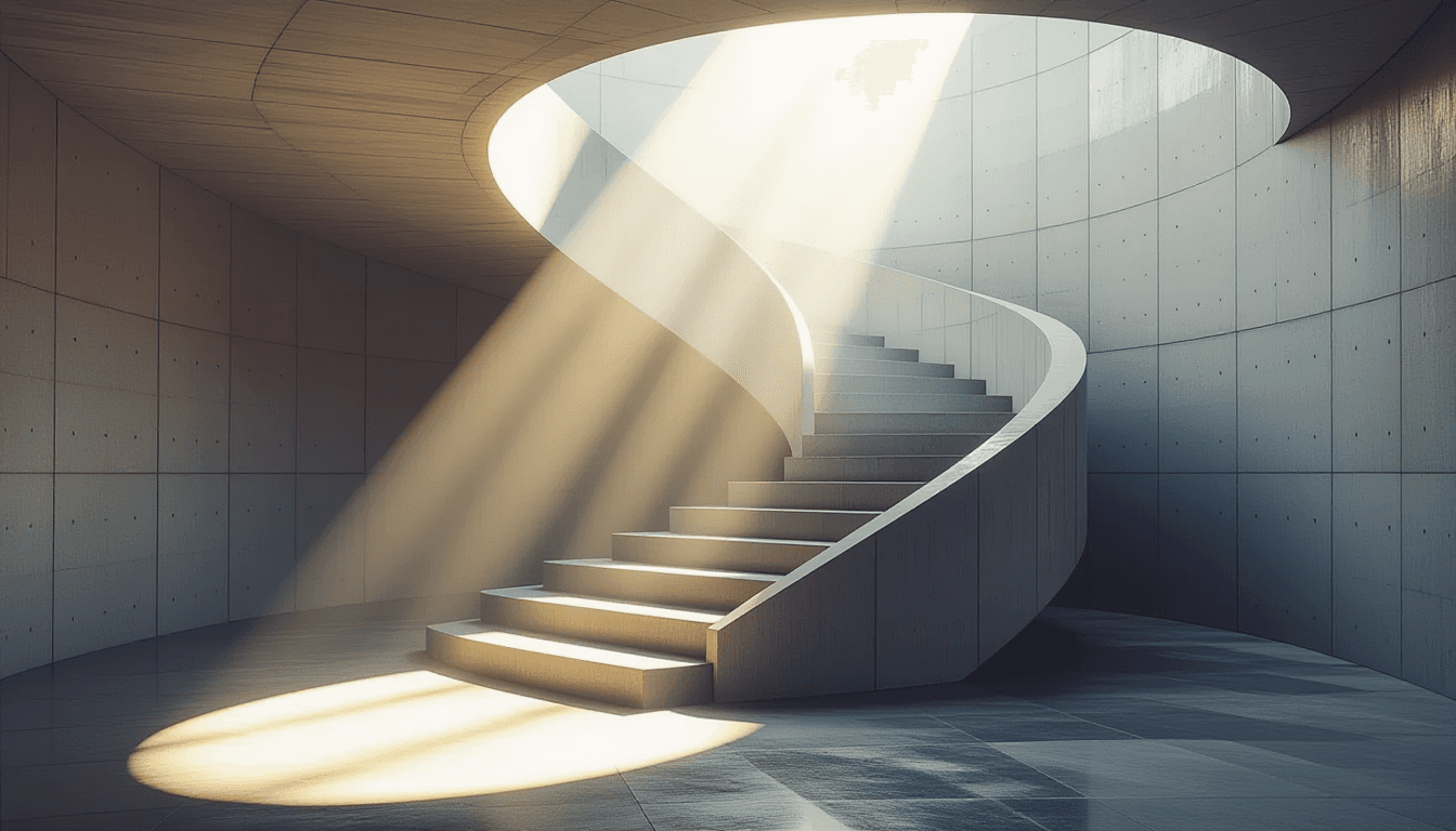Morning light cuts through the geometric shadows of a concrete spiral staircase, highlighting the st